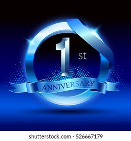 Celebrating 1st Anniversary Logo, With Silver Ring And Blue Ribbon Isolated On Gradient Background.