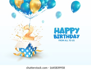 Celebrating Of 2 Th Years Birthday Vector 3d Illustration. Second Anniversary Celebration. Open Gift Box With Explosions Confetti And Number Two Flying On Balloons On Light Background