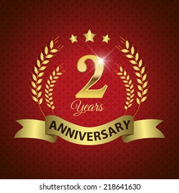 Celebrating 2 Years Anniversary - Golden Laurel Wreath Seal with Golden Ribbon - Layered EPS 10 Vector