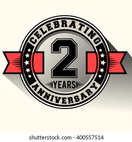 Celebrating 2 years anniversary logo vintage emblem with red ribbon, Retro vector design isolated on white background