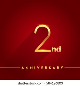 Celebrating of 2 years anniversary, logotype golden colored isolated on red background, vector design for greeting card and invitation card