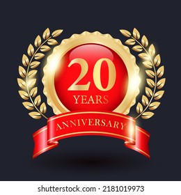 Celebrating 20 Years Anniversary Logo With Golden Plate, Leaf and Red Ribbon With Shadow On Black Background.