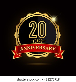 Celebrating 20 years anniversary logo with red ribbon and golden shiny badge, vector design.