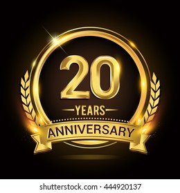 Celebrating 20 years anniversary logo with golden ring and ribbon, laurel wreath vector design