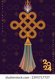 Celebrating the 2024 Chinese New Year with a golden Chinese knot featuring a gradient colored dragon head and tassels on a background of traditional Chinese lucky symbols