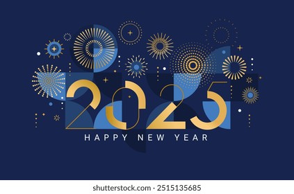 Celebrating 2025 New Year.Elegant card for event with abstract golden fireworks and golden numbers on blue background with geometric pattern.Template for poster,flyer,web.Vector illustration