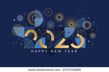 Celebrating 2025 New Year.Elegant card for event with abstract golden fireworks and golden numbers on blue background with geometric pattern.Template for poster,flyer,web.Vector illustration