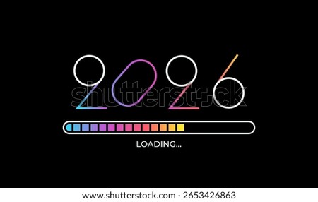 Celebrating 2026 New Year. Elegant minimalistic greeting card with loading bar and isolated gradient numbers for happy event. Template for poster, flyer, banner, web, calendar cover design. Vector