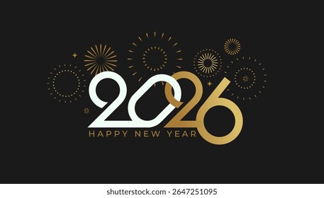 Celebrating 2026 New Year.Elegant minimalistic greeting card for happy event with abstract golden fireworks,white and gold numbers on black background.Template for poster,flyer,web.Vector illustration