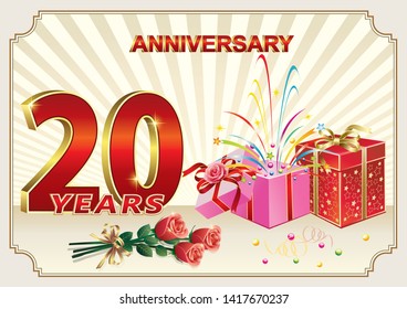 Celebrating 20th anniversary, happy birthday 20 years with gift boxes and a bouquet of roses. Vector illustration