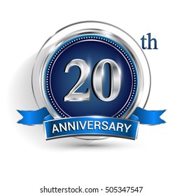 Celebrating 20th anniversary logo, with silver ring and blue ribbon isolated on white background.