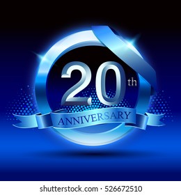 Celebrating 20th Anniversary Logo, With Silver Ring And Blue Ribbon Isolated On Black  Background.