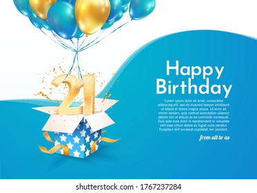 Celebrating 21 st years birthday vector illustration. Twenty one anniversary celebration. Adult birth day. Open gift box with numbers two and one flying on balloons