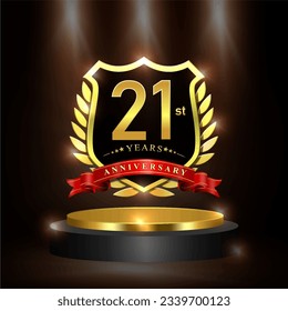 Celebrating 21 years anniversary logo with golden shield and ribbon, laurel wreath, cylinder podium vector design.