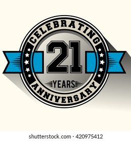 Celebrating 21 years anniversary logo vintage emblem with blue ribbon. Retro vector background.