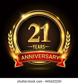 Celebrating 21 years anniversary logo with golden ring and red ribbon.