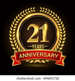 Celebrating 21 years anniversary with wreath, ribbon and golden ring logo.