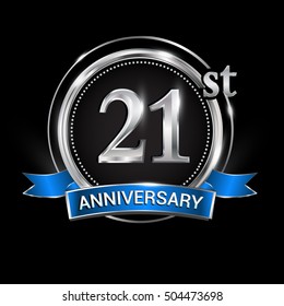 Celebrating 21st anniversary logo. with silver ring and blue ribbon.