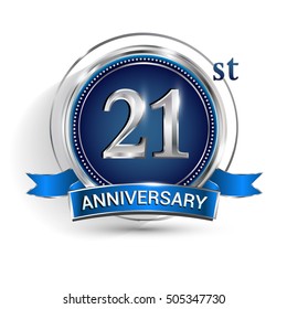 Celebrating 21st anniversary logo, with silver ring and blue ribbon isolated on white background.