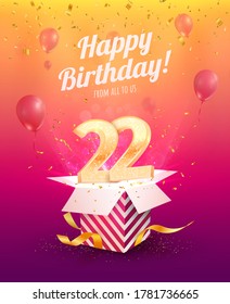 Celebrating 22 th years birthday vector illustration. Twenty two anniversary celebration invitation card. Adult birth day. Open gift box with flying numbers 