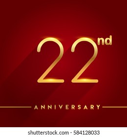 Celebrating of 22 years anniversary, logotype golden colored isolated on red background, vector design for greeting card and invitation card