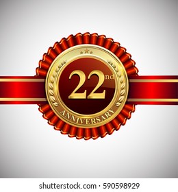Celebrating 22nd anniversary logo, with golden badge and red ribbon isolated on white background.