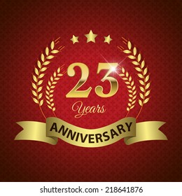 Celebrating 23 Years Anniversary - Golden Laurel Wreath Seal with Golden Ribbon - Layered EPS 10 Vector