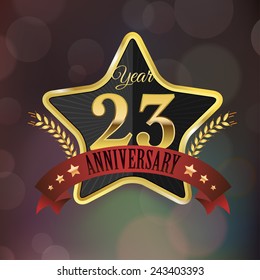 Celebrating 23 Years Anniversary - Golden Star with Laurel Wreath Seal with Red Golden - Layered EPS 10 Vector.