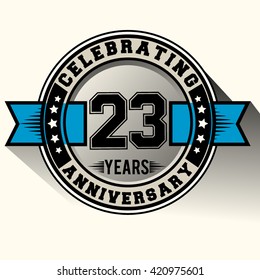 Celebrating 23 years anniversary logo vintage emblem with blue ribbon. Retro vector background.