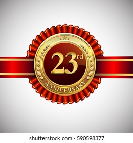 Celebrating 23rd anniversary logo, with golden badge and red ribbon isolated on white background.