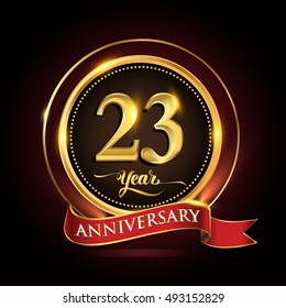 Celebrating 23rd years anniversary template logo with golden ring and red ribbon.