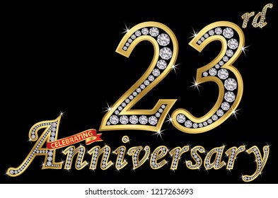 Celebrating  23th anniversary golden sign with diamonds, vector illustration