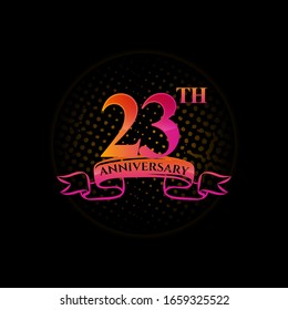 Celebrating the 23th anniversary logo, with gold rings and gradation ribbons isolated on a black background.