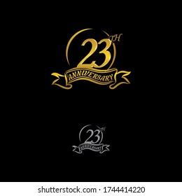 Celebrating the 23th anniversary logo, with gold rings and gradation ribbons isolated on a black background.EPS 10