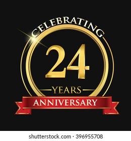Celebrating 24 years anniversary logo. with golden ring and red ribbon.