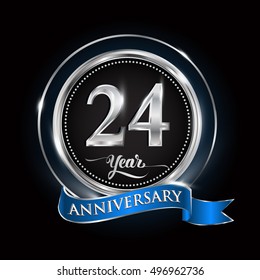 Celebrating 24 years anniversary logo. with silver ring and blue ribbon.