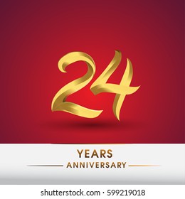 Celebrating of 24 years anniversary, logotype golden colored isolated on red background