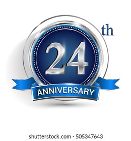 Celebrating 24th anniversary logo, with silver ring and blue ribbon isolated on white background.