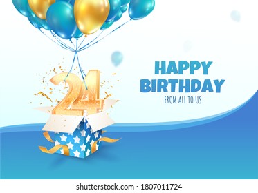 Celebrating 24th birthday year concept, vector illustration. Twenty fourth anniversary celebration. Adult birthday. Open gift box with numbers two four flying on balloons  svg