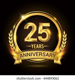 Celebrating 25 Years Anniversary Logo With Golden Ring And Ribbon, Laurel Wreath Vector Design.