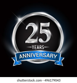 Celebrating 25 Years Anniversary Logo With Silver Ring And Blue Ribbon.