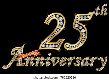 Celebrating  25th anniversary golden sign with diamonds, vector illustration