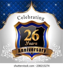 celebrating 26 years anniversary, Golden sheild with blue royal emblem background - vector eps10