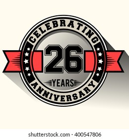 Celebrating 26 years anniversary logo vintage emblem with red ribbon, Retro vector design isolated on white background