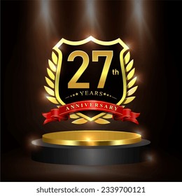 Celebrating 27 years anniversary logo with golden shield and ribbon, laurel wreath, cylinder podium vector design.