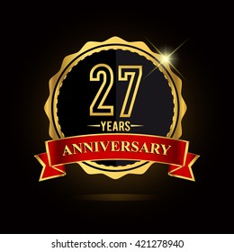 Celebrating 27 years anniversary logo with red ribbon and golden shiny badge, vector design.