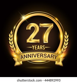 Celebrating 27 years anniversary logo with golden ring and ribbon, laurel wreath vector design.