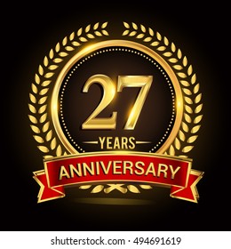 Celebrating 27 years anniversary with wreath, ribbon and golden ring logo.