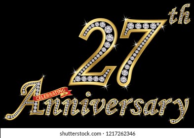 Celebrating  27th anniversary golden sign with diamonds, vector illustration svg