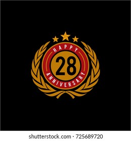 Celebrating 28 Anniversary Emblematic Badge Vector Illustration Red and Yellow Gold